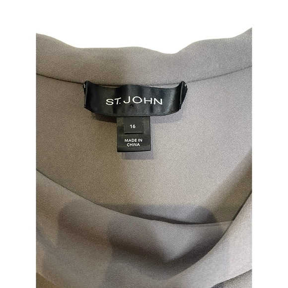 St.John Midi Sheath Dress Cowl Neck Women Size 12 Cap Sleeve Cinch Waist Gray - Picture 2 of 8